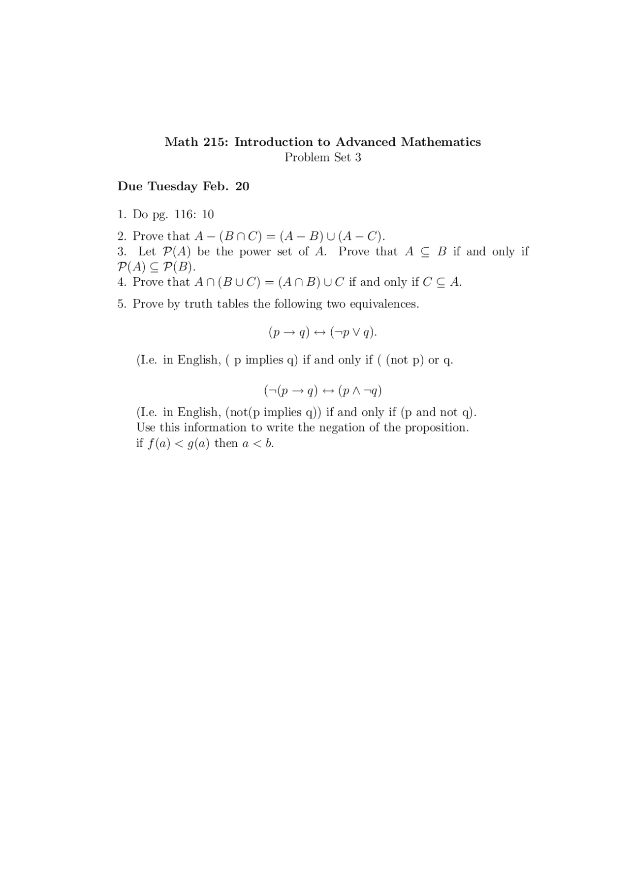 Problem Set 3 - Introduction to Advanced Mathematics | MATH 215 - Docsity