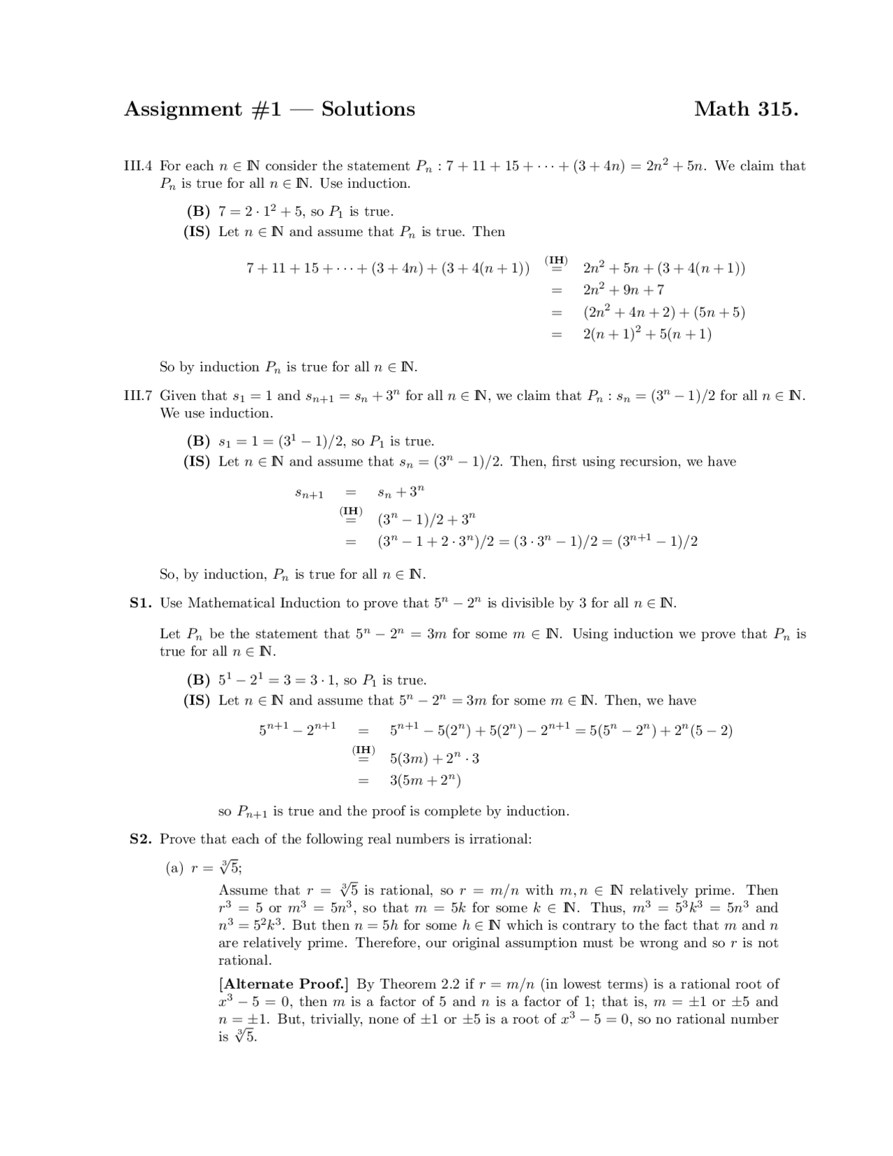 Assignment 1 Solutions - Elementary Analysis | MATH 315 - Docsity