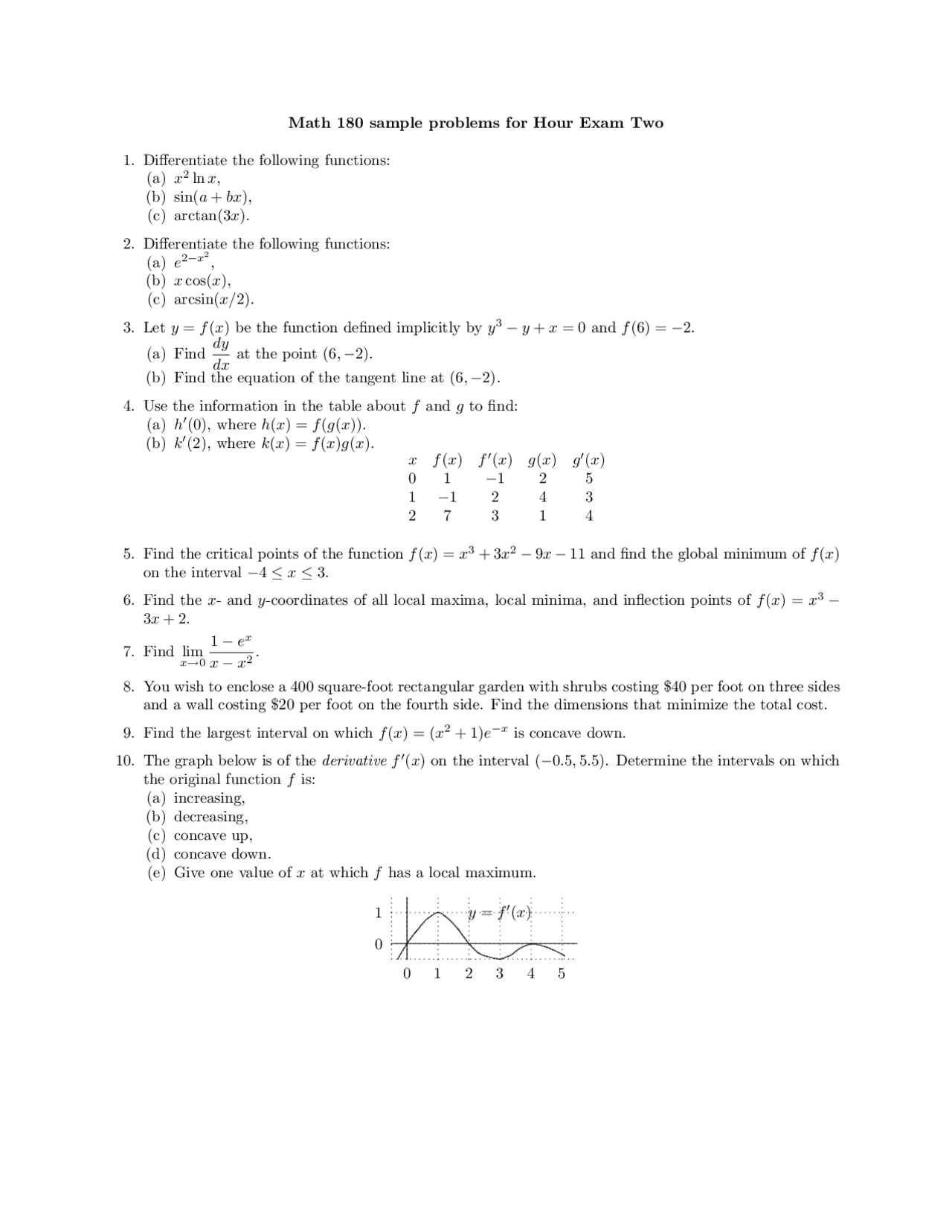 Introductory Calculus Example Questions 10 Sample Problems on Calculus I - Exam 2 | MATH 180 - Docsity