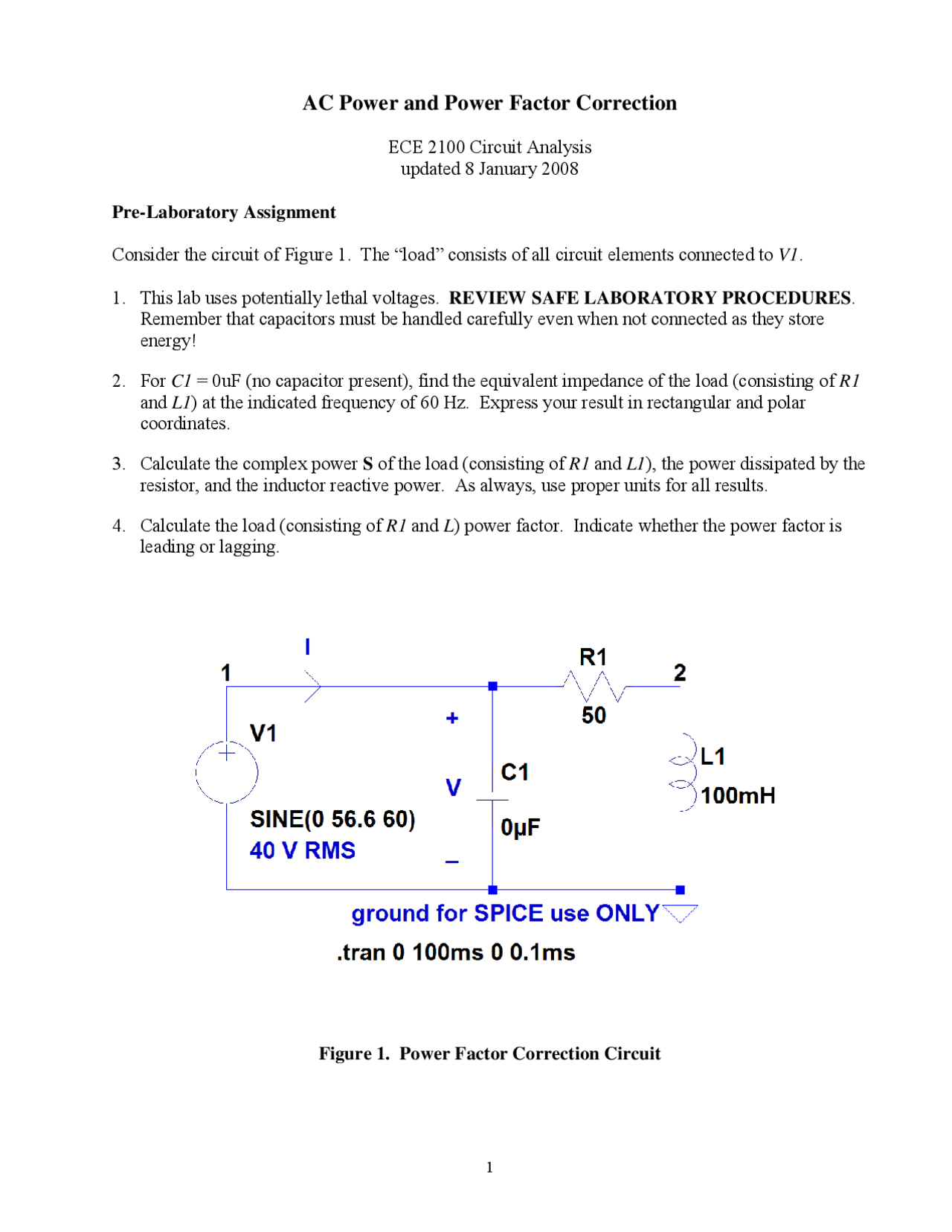 AC Power and Power Factor Correction Lab ECE 2100 Docsity