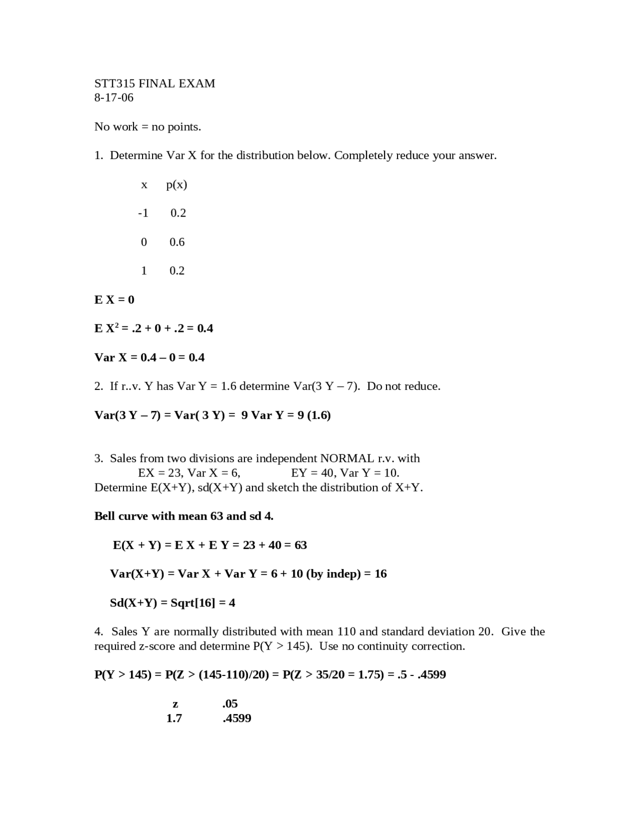 Final Exam Solutions | Probability and Statistics for Business | STT ...