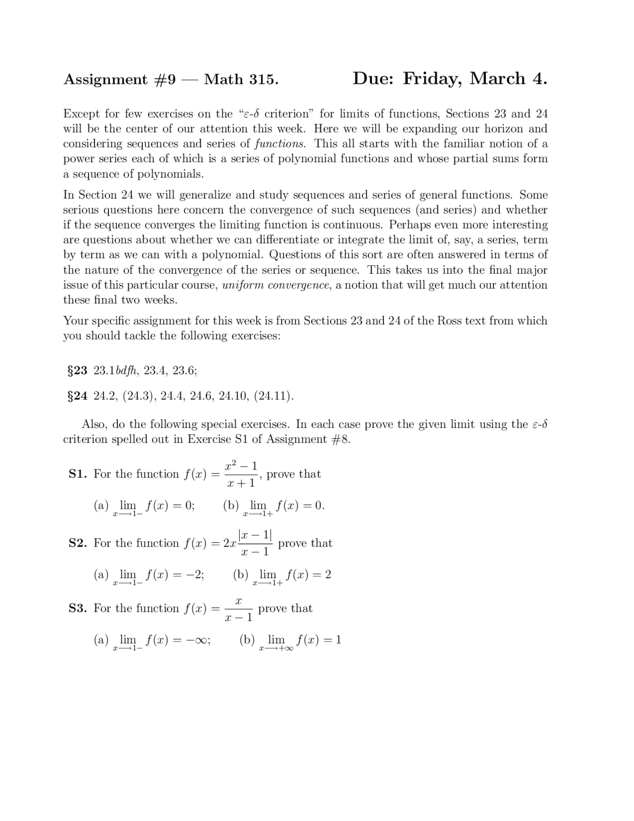 Assignment 9 Questions | Elementary Analysis | MATH 315 - Docsity