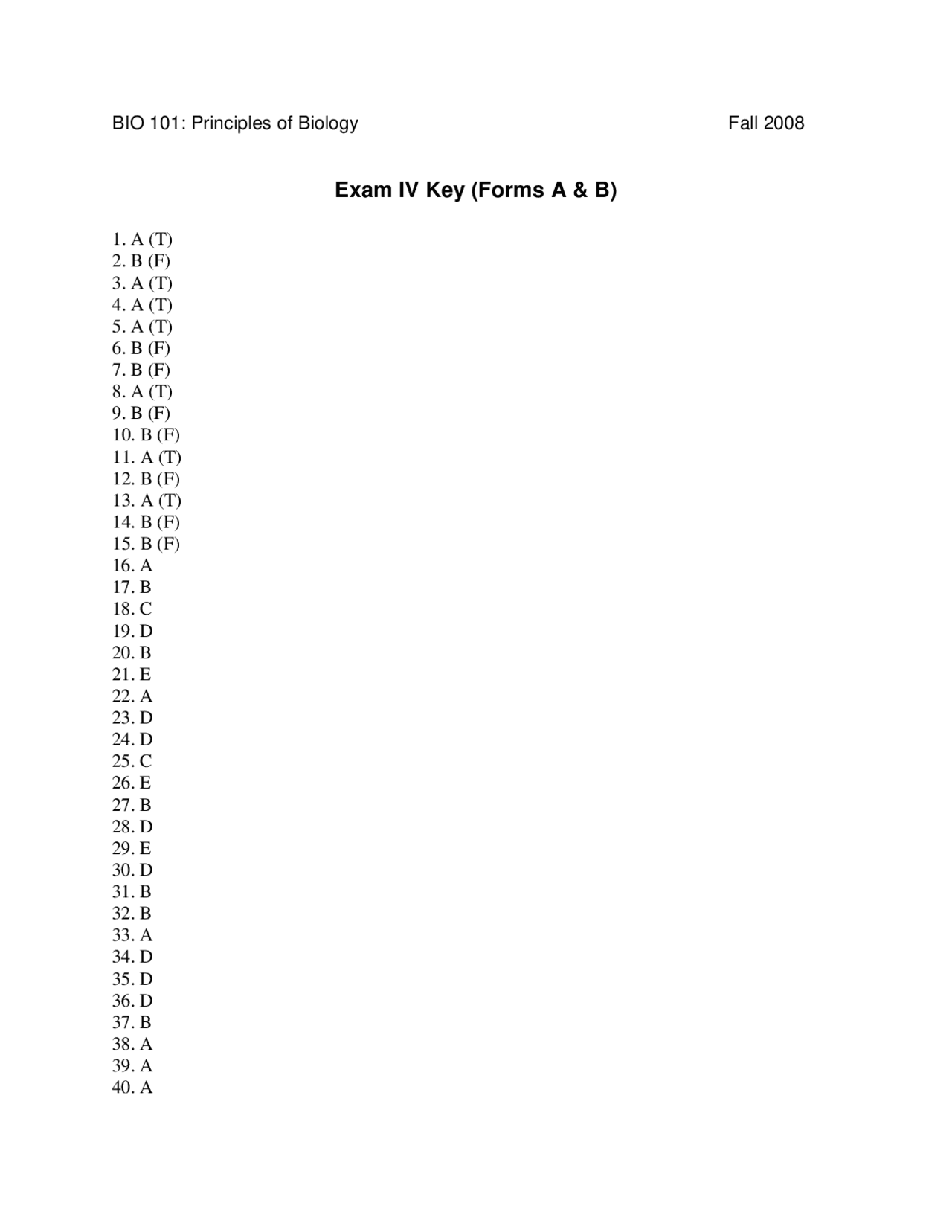 Principles of Biology I Exam Answer Key | BIO 101 - Docsity