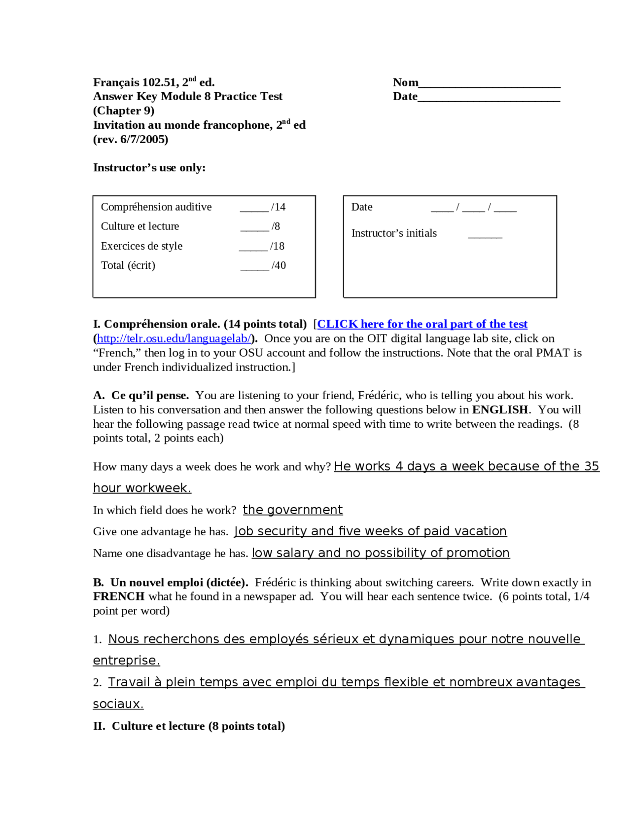 Answer Key Module 8 Practice Test for Classroom Track | FRENCH 102 ...