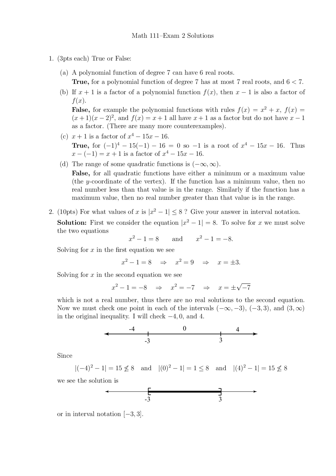 Past Exam 2 with Answers - College Algebra | MATH 111 - Docsity