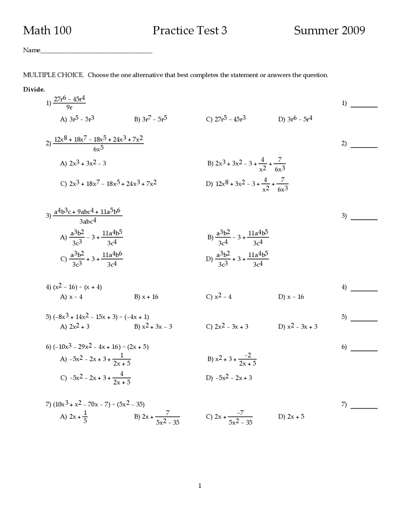 Practice Test 3 - Intermediate Algebra | MATH 100 - Docsity