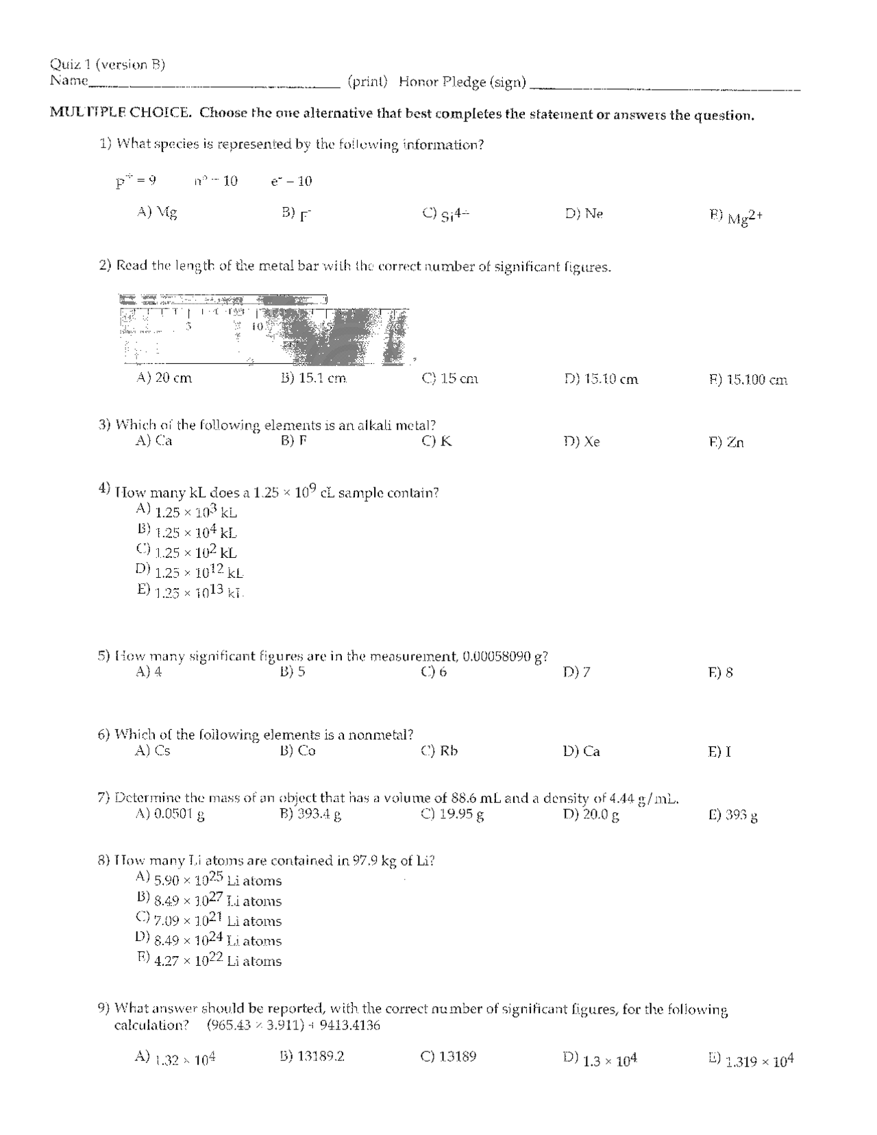 17 Multiple Choice Questions on General Chemistry | CH 101 - Docsity