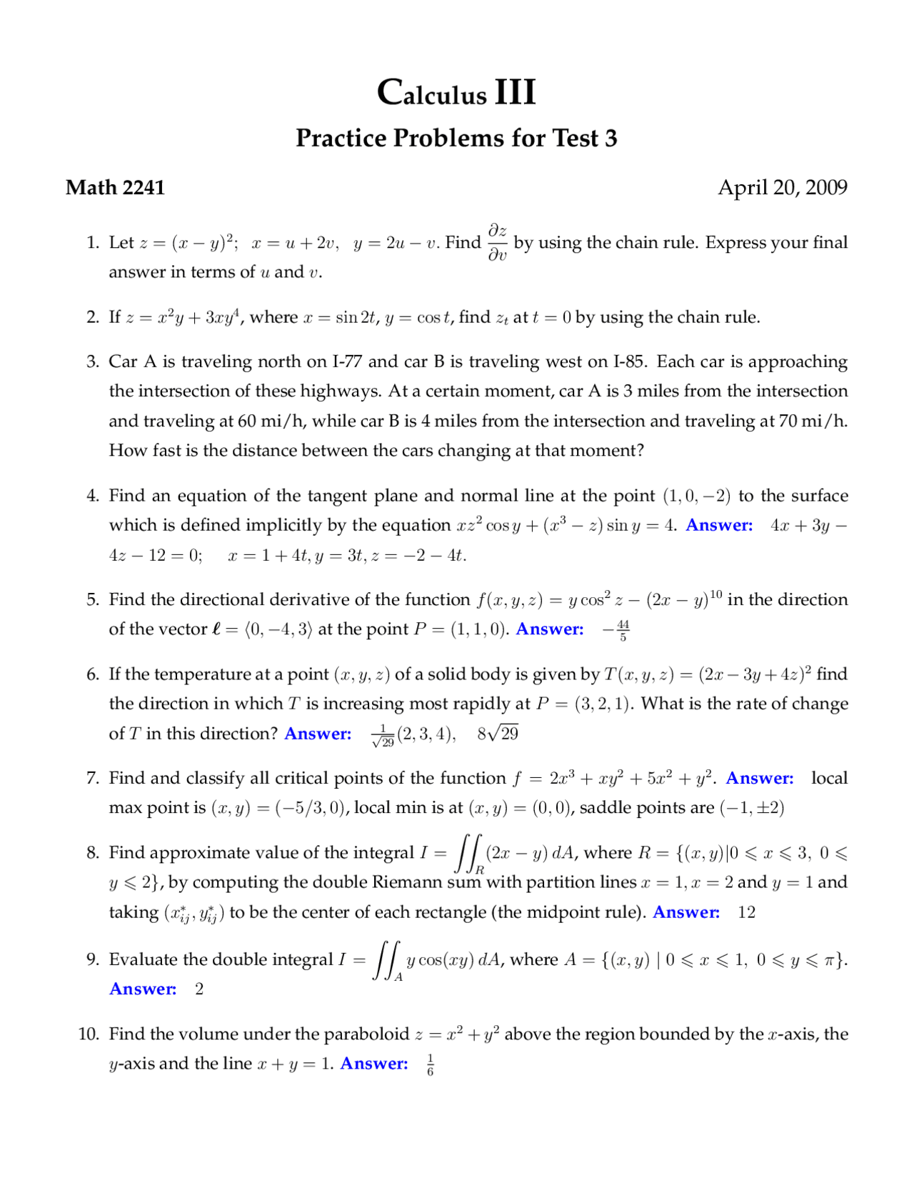 Practice Problems for Set 3 - Calculus III – 2009 | MATH 2241 - Docsity