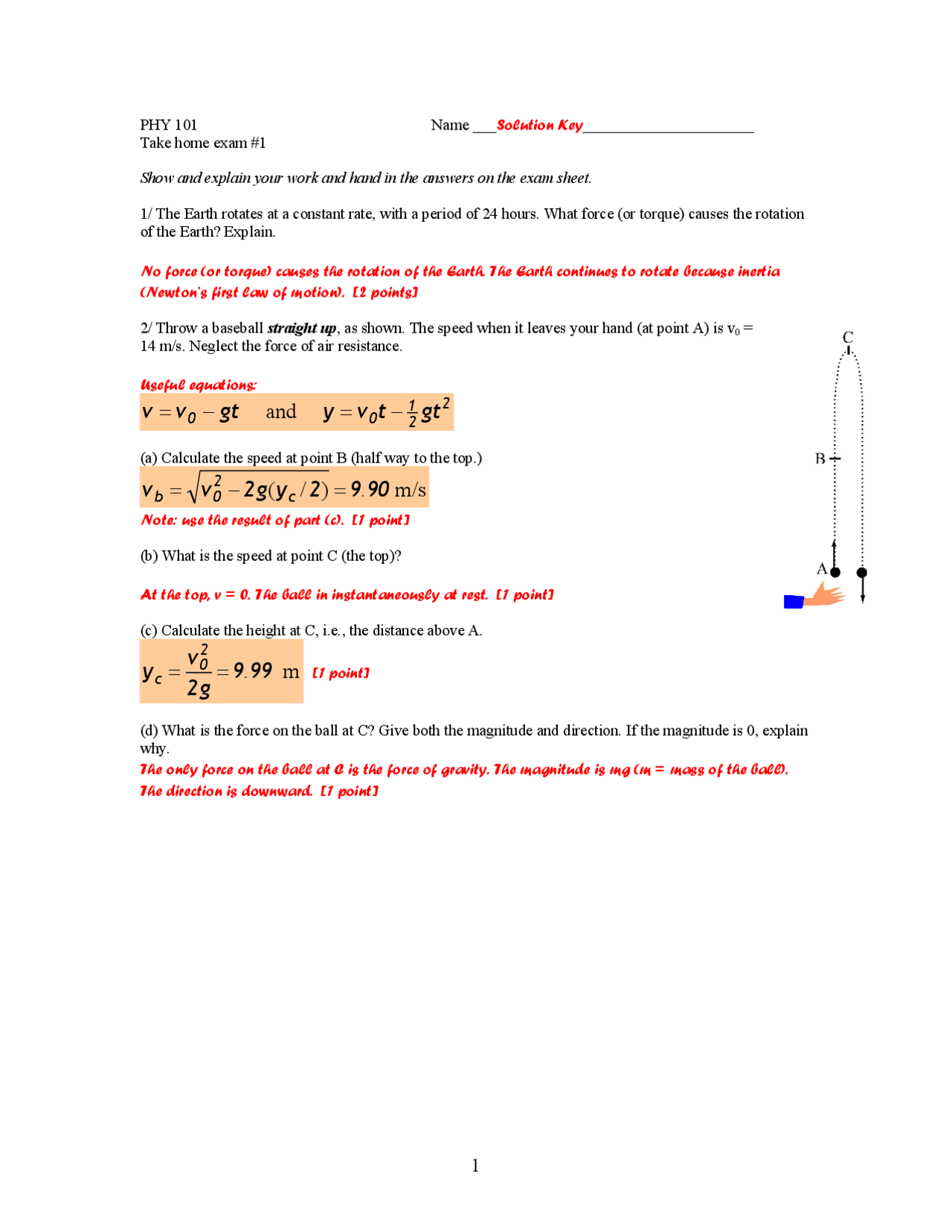 Solution Key to Exam 1 - Concepts in Physics | PHY 101 - Docsity