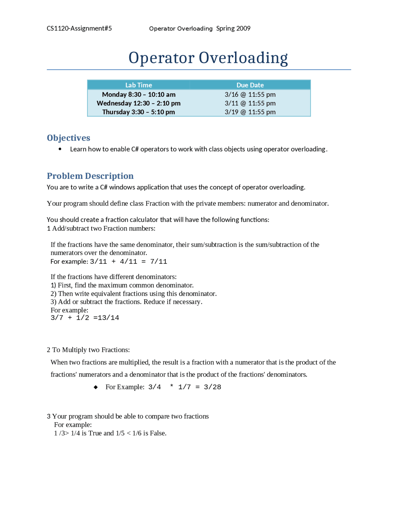 Assignment #5 - Operator Overloading | CS 1120 - Docsity
