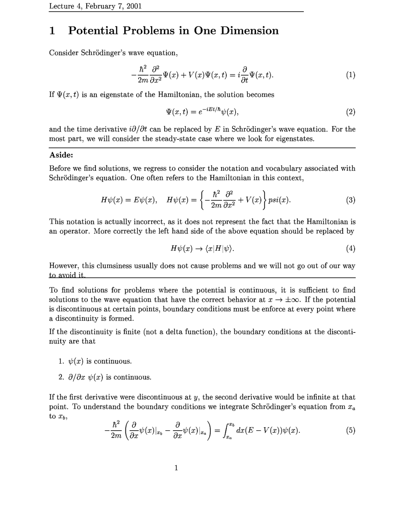 Potential Problems In One Dimension Quantum Mechanics I Phy 851 Docsity