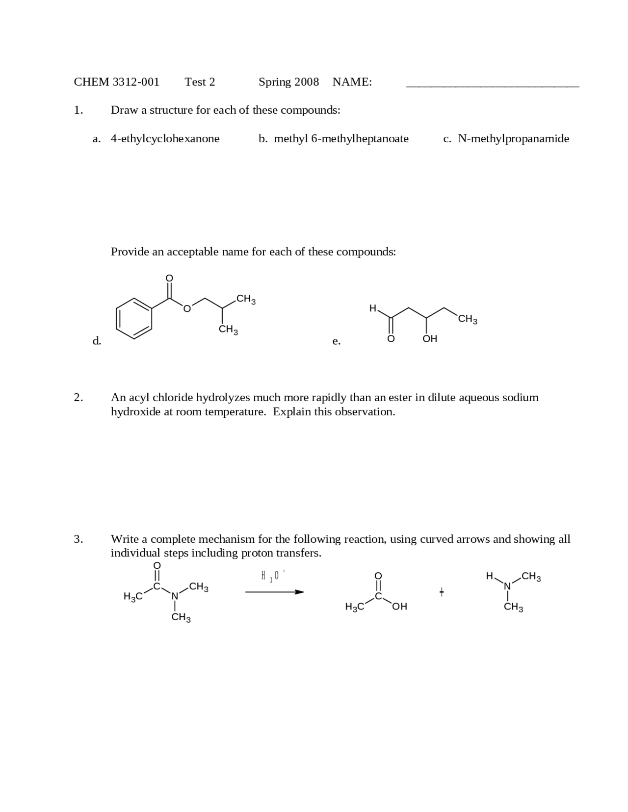 Test 2 - General Organic Chemistry II | CHEM 3312 - Docsity