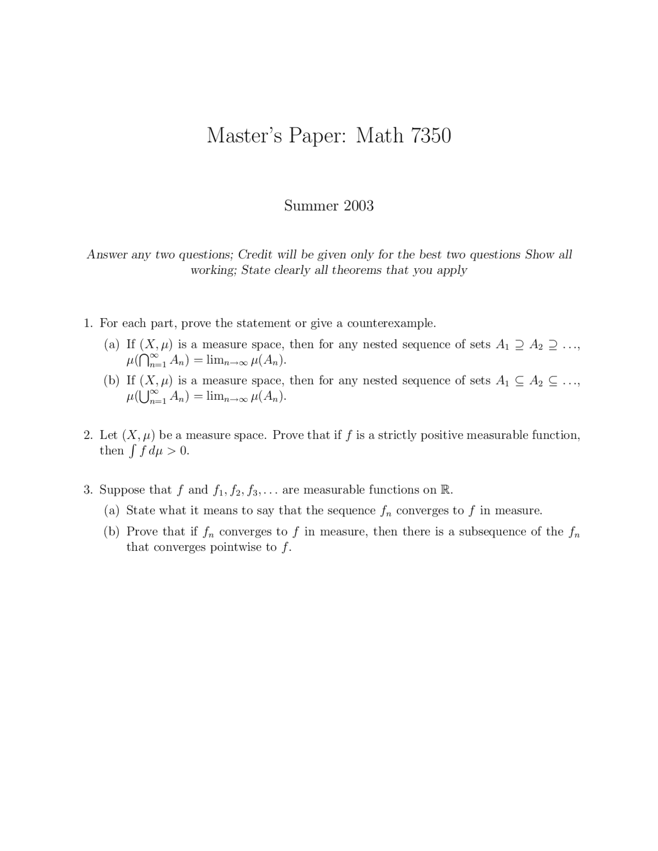 3 Problems On Real Variables I Paper Math 7350 Docsity