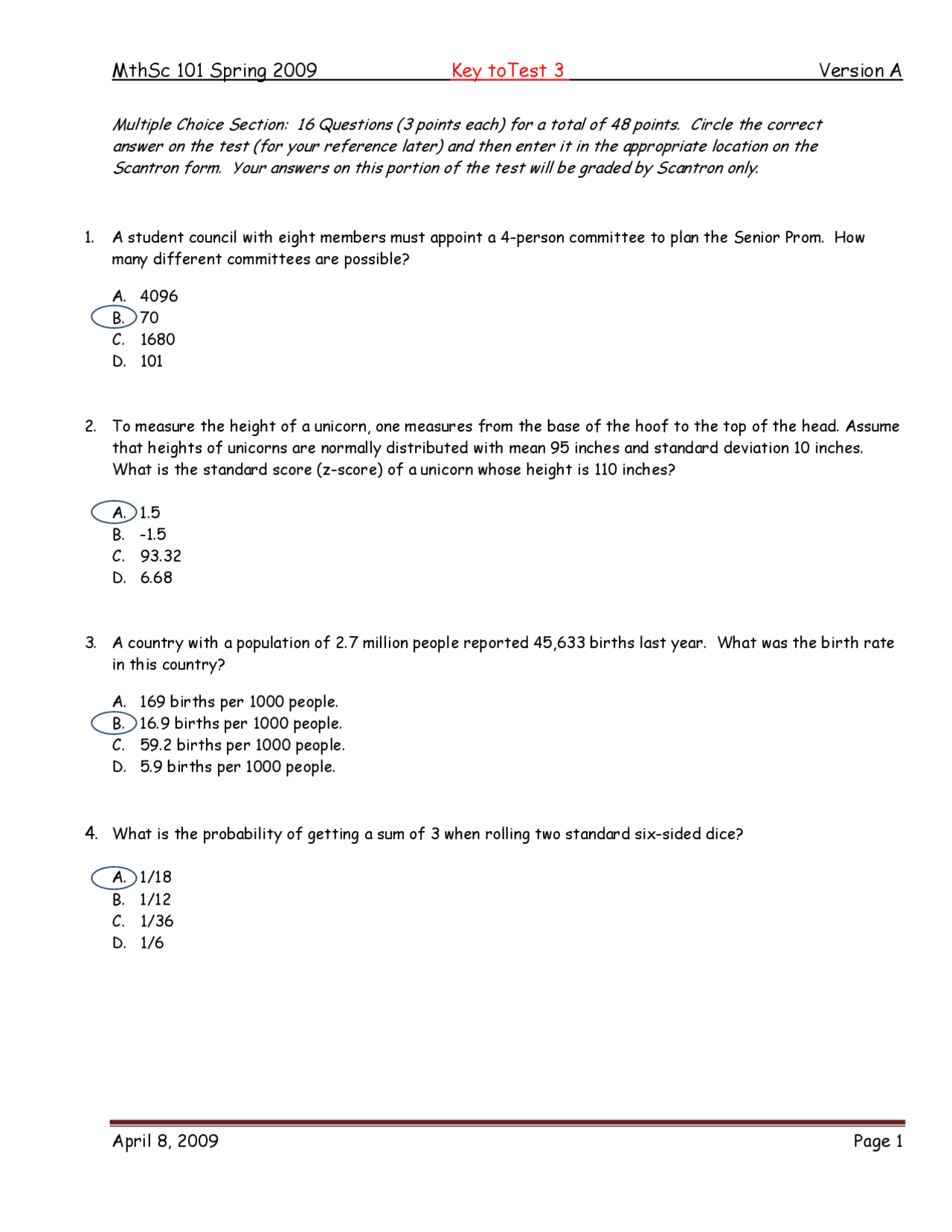Test 3 Answer Key | Essential Mathematics | MTHSC 101 - Docsity