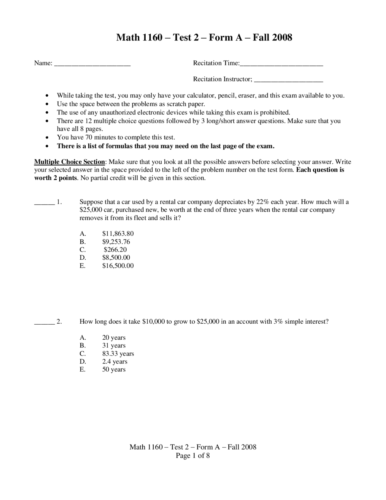 Test 2 Questions - Finite Mathematics Applications | MATH 1160 - Docsity