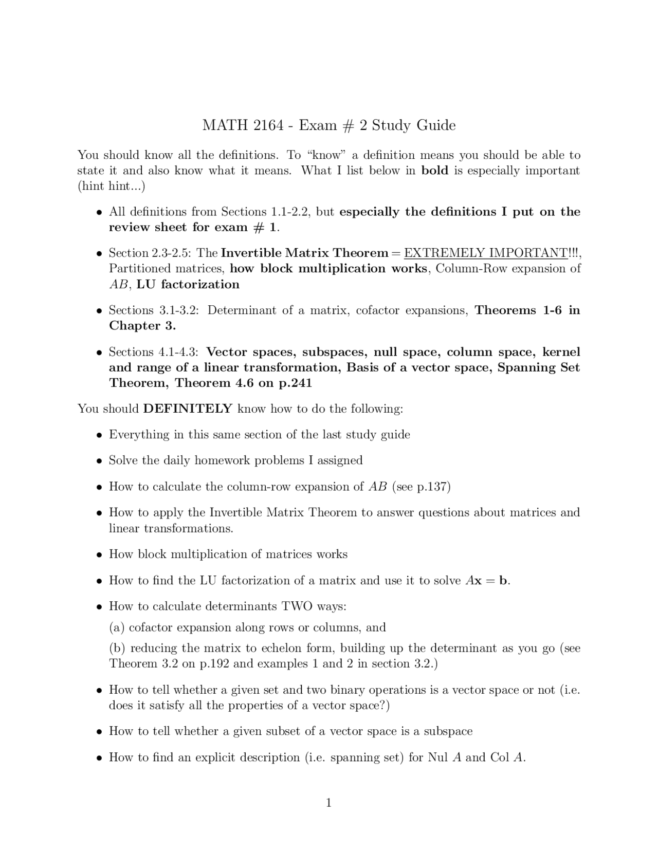 Exam 2 Study Guide | Matrices and Linear Algebra | MATH 2164 - Docsity