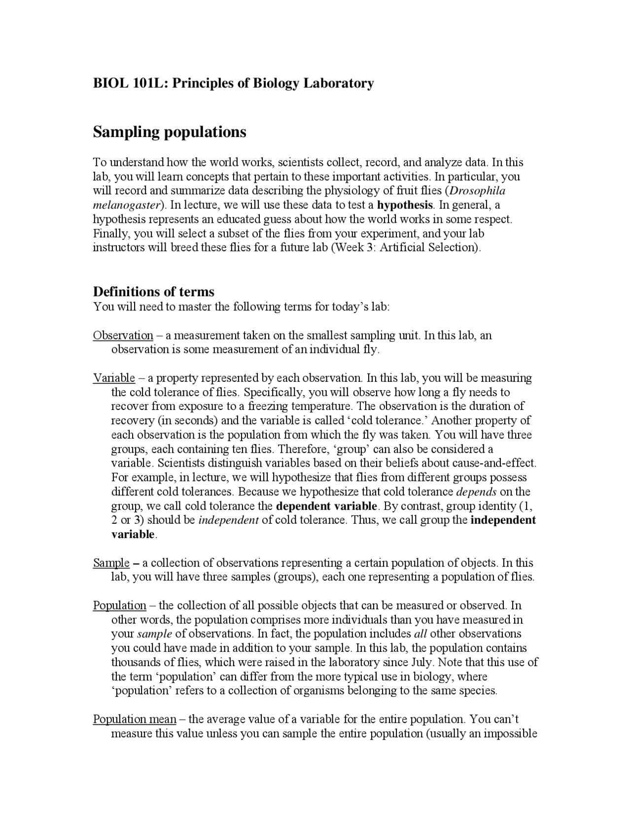 Sampling Populations - Principles Biology I Lab | BIO 101L - Docsity