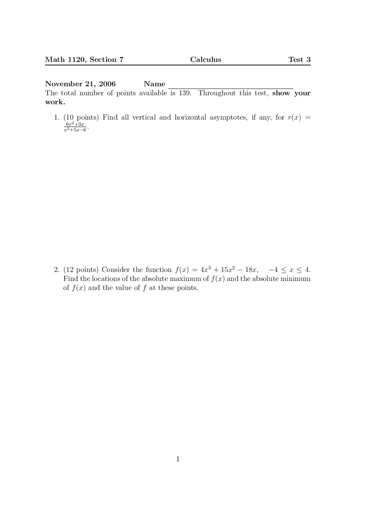 9 Unsolved Problems Exam 3 - Calculus | MATH 1120 - Docsity