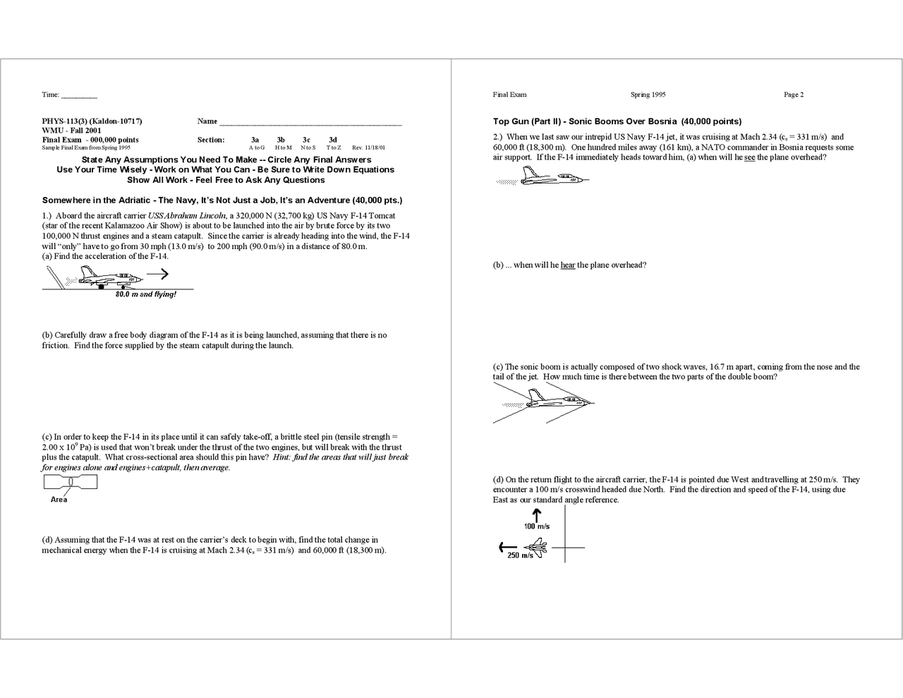 5 Problems of General Physics I - Final Exam Fall 2001 | PHYS 1130 ...