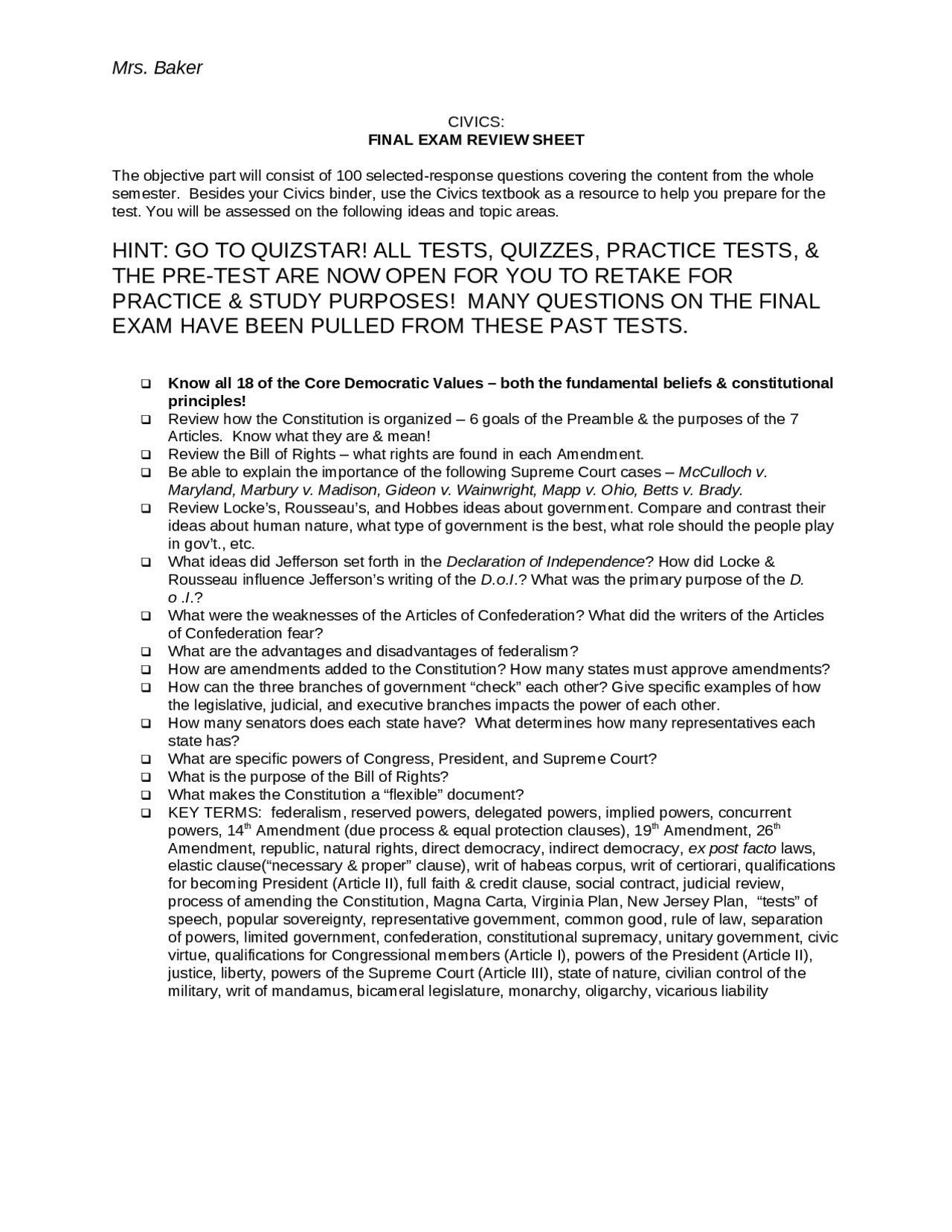 Civics: Final Exam Review Sheet - School And Society | ES 3950 | Exams  Sociology of Education | Docsity