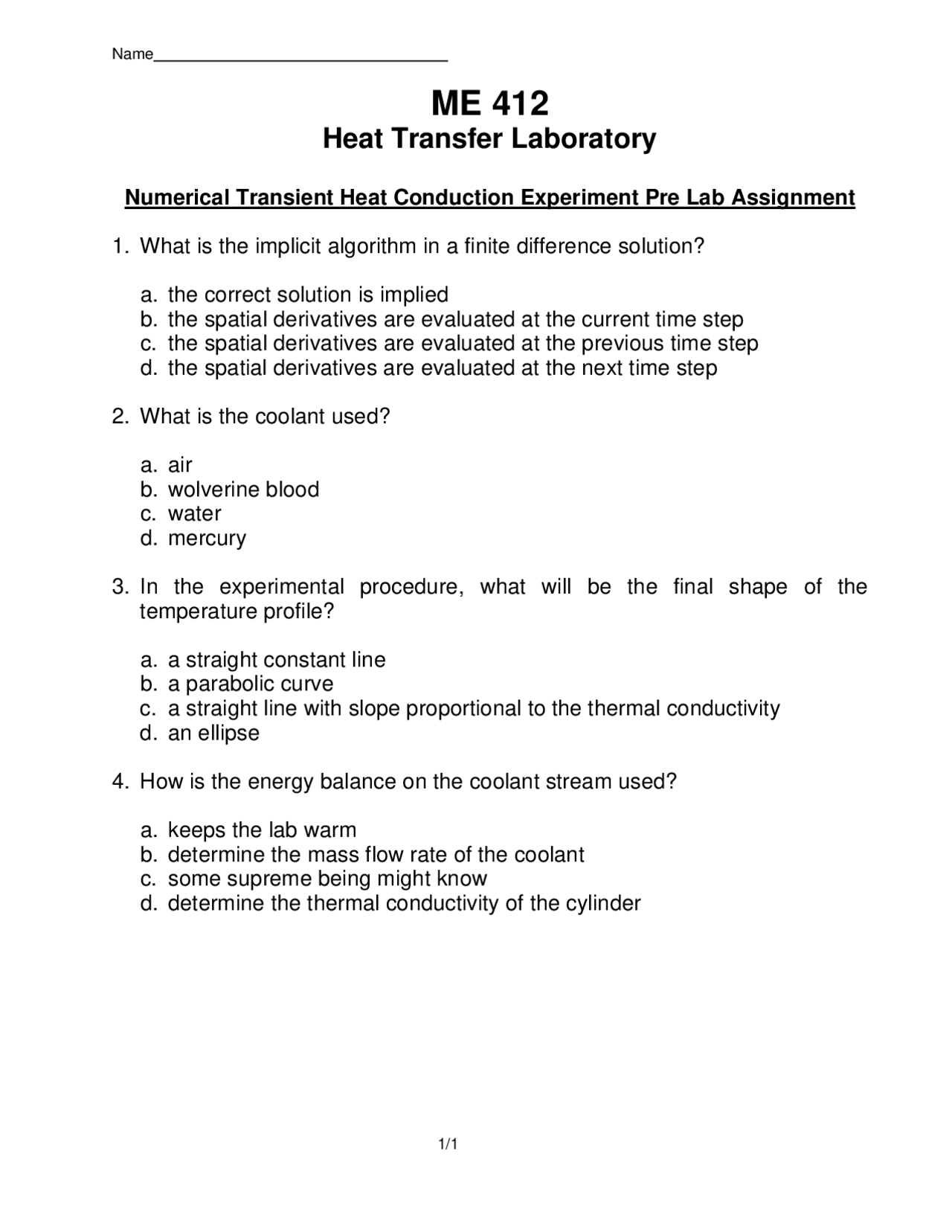 Heat Transfer Laboratory Numerical Transient Heat Conduction Experiment