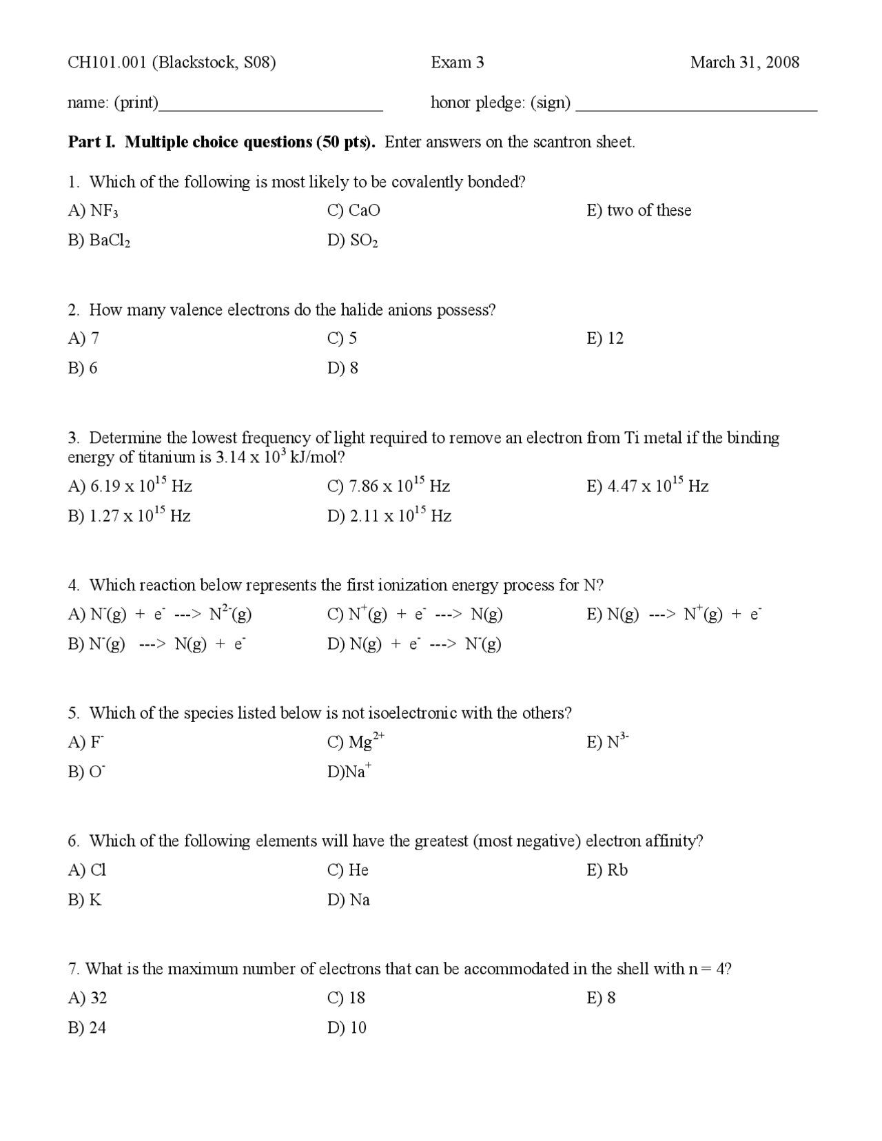 Exam 3 Questions - General Chemistry | CH 101 - Docsity