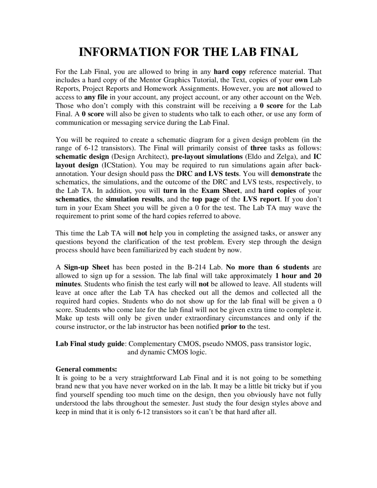 Information for The Lab Final on Digital Electronics | ECE 4500 - Docsity