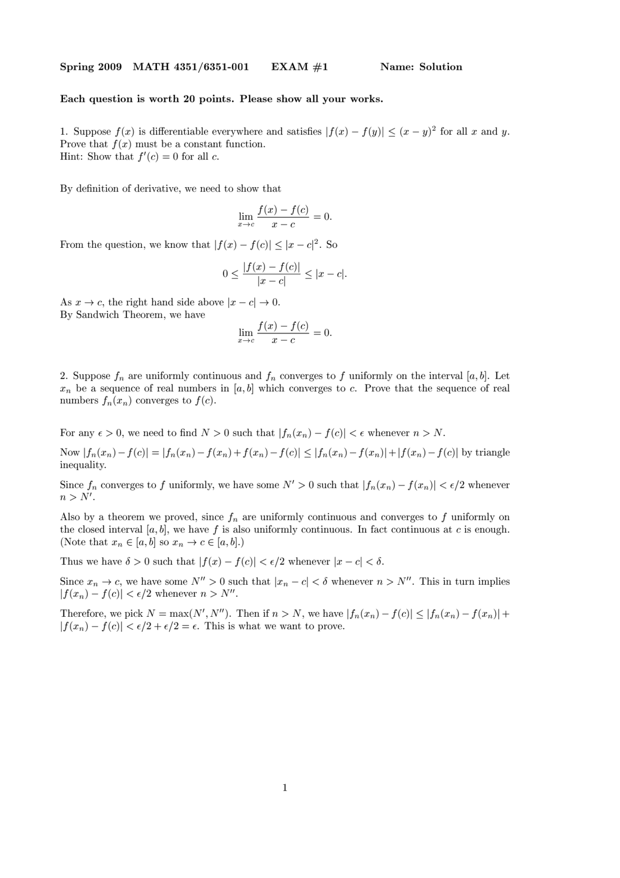 Exam 1 Question with Solutions - Introduction to Real Analysis II ...