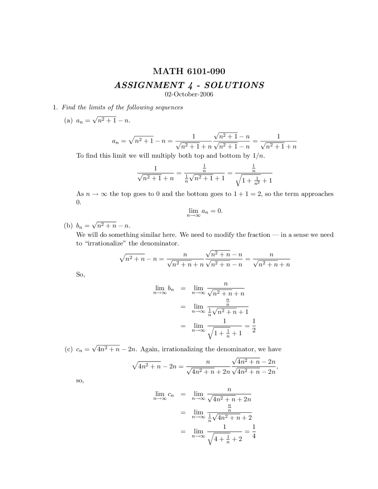 Solutions To Math 6101 090 Homework Assignment 4 Limits Of Sequences