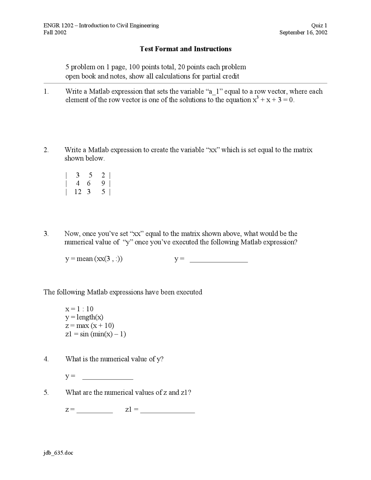 Test Format and Instructions - Introduction to Engineering Practice ...