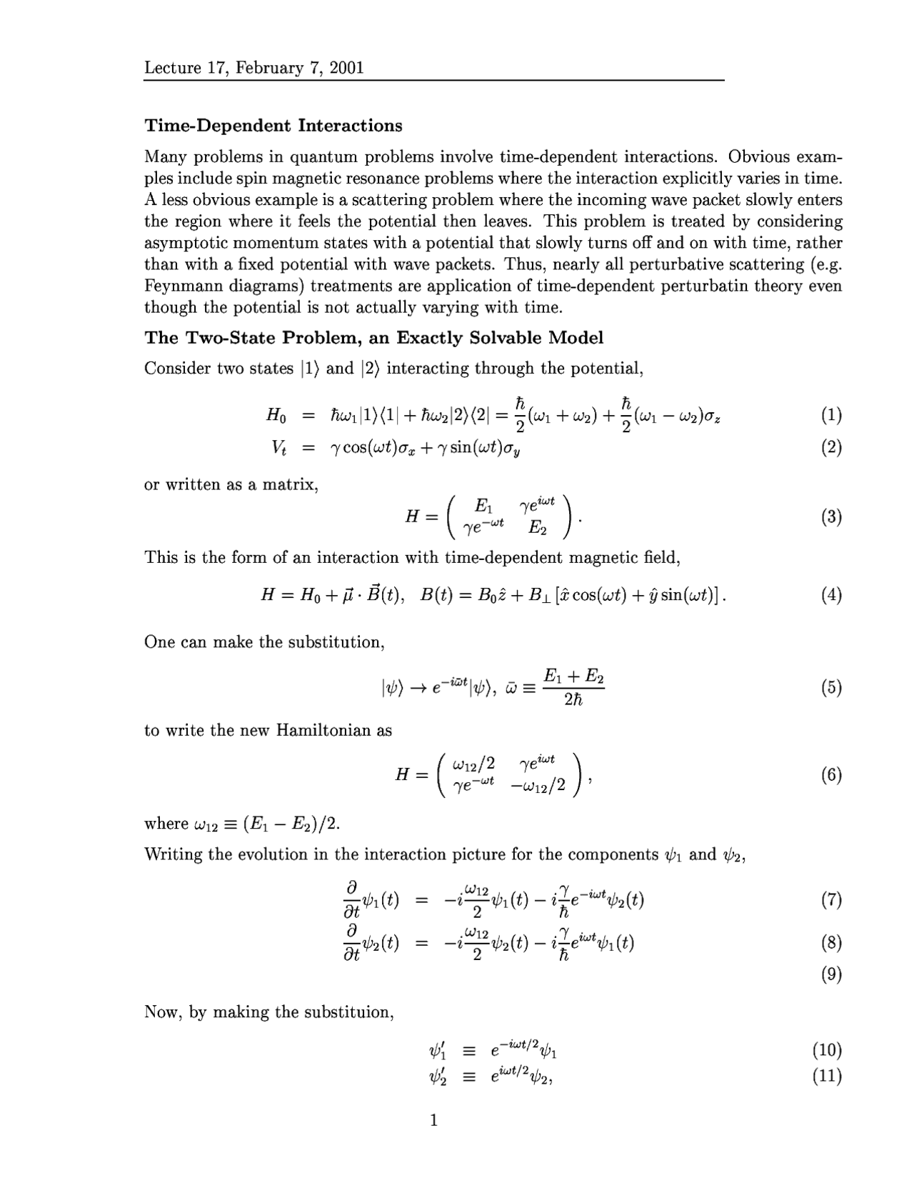 Time Dependent Interactions Quantum Mechanics I Notes Phy 851 Docsity