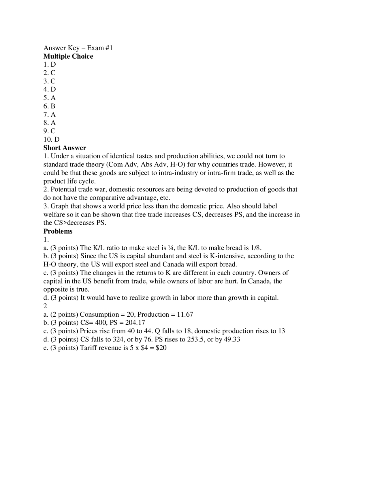 Exam 1 with Answer Key - International Economics | ECON 3800 | Exams ...