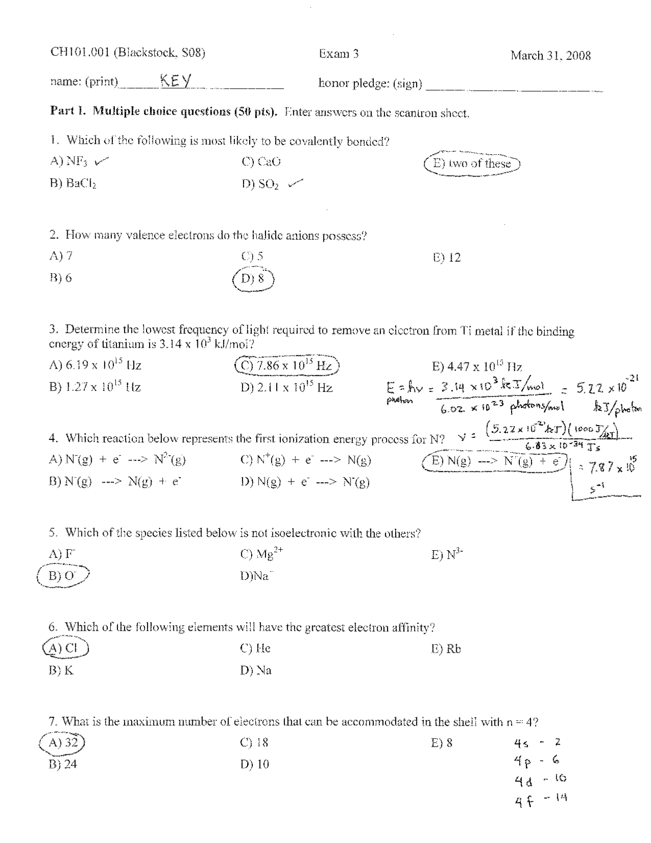 Exam 3 Questions with Solutions - General Chemistry | CH 101 - Docsity