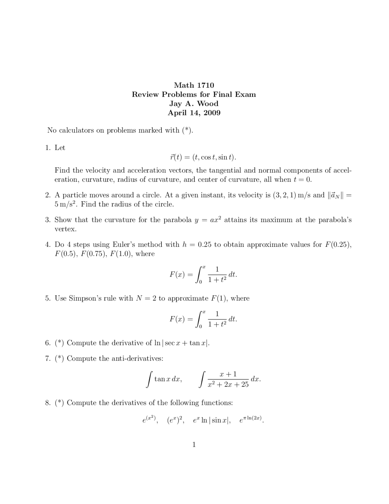 Calculus 2 Work Problem Example Sheet 30 Problems on Calculus II for Scientists and Engineers - Review Sheet ...
