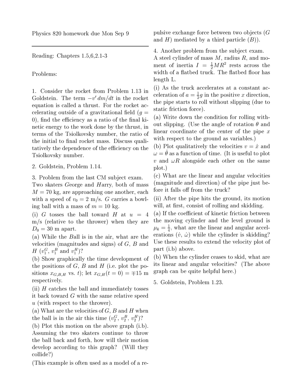 Assignment Problems Unsolved - Classical Mechanics | PHY 820 - Docsity