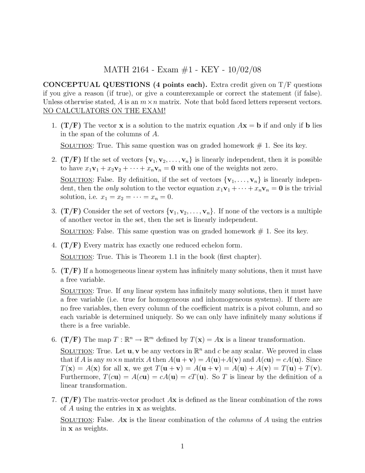 Conceptual Questions on Matrices and Linear Algebra in Exam 1 | MATH ...