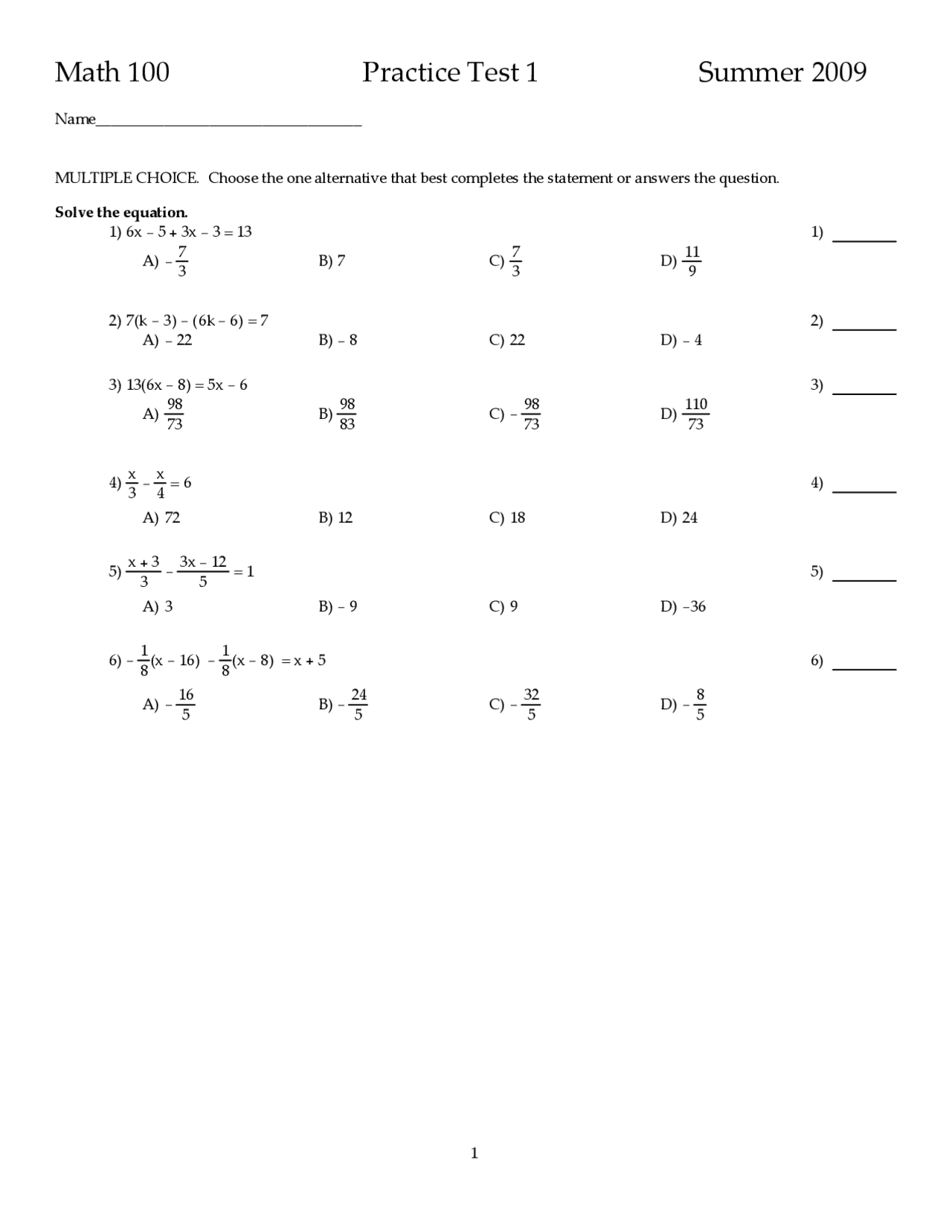 80 Questions On Intermediate Algebra With Answer Key Exam Math 100 Docsity