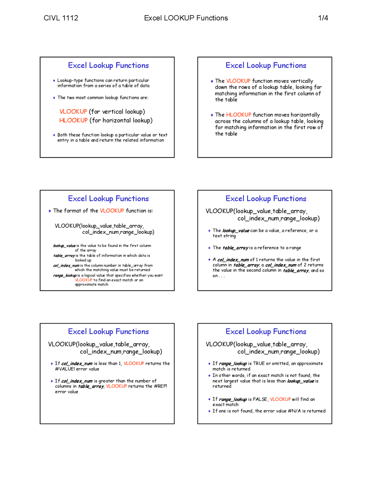 Excel Lookup Functions Lecture Slides CIVL 1112 Docsity