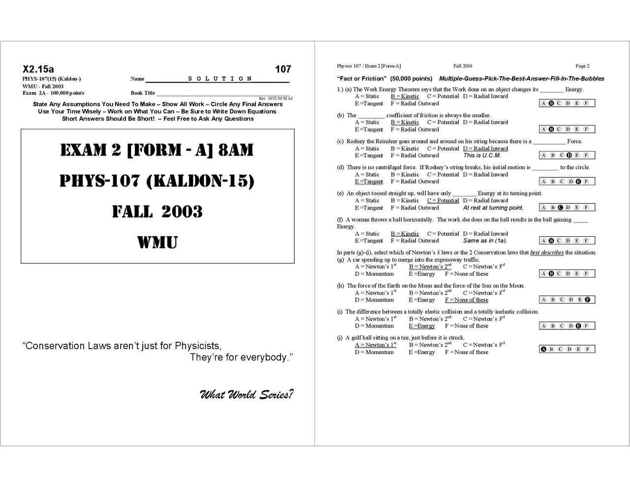 Exam 2 form a with answers elementary physics phys 1070 docsity