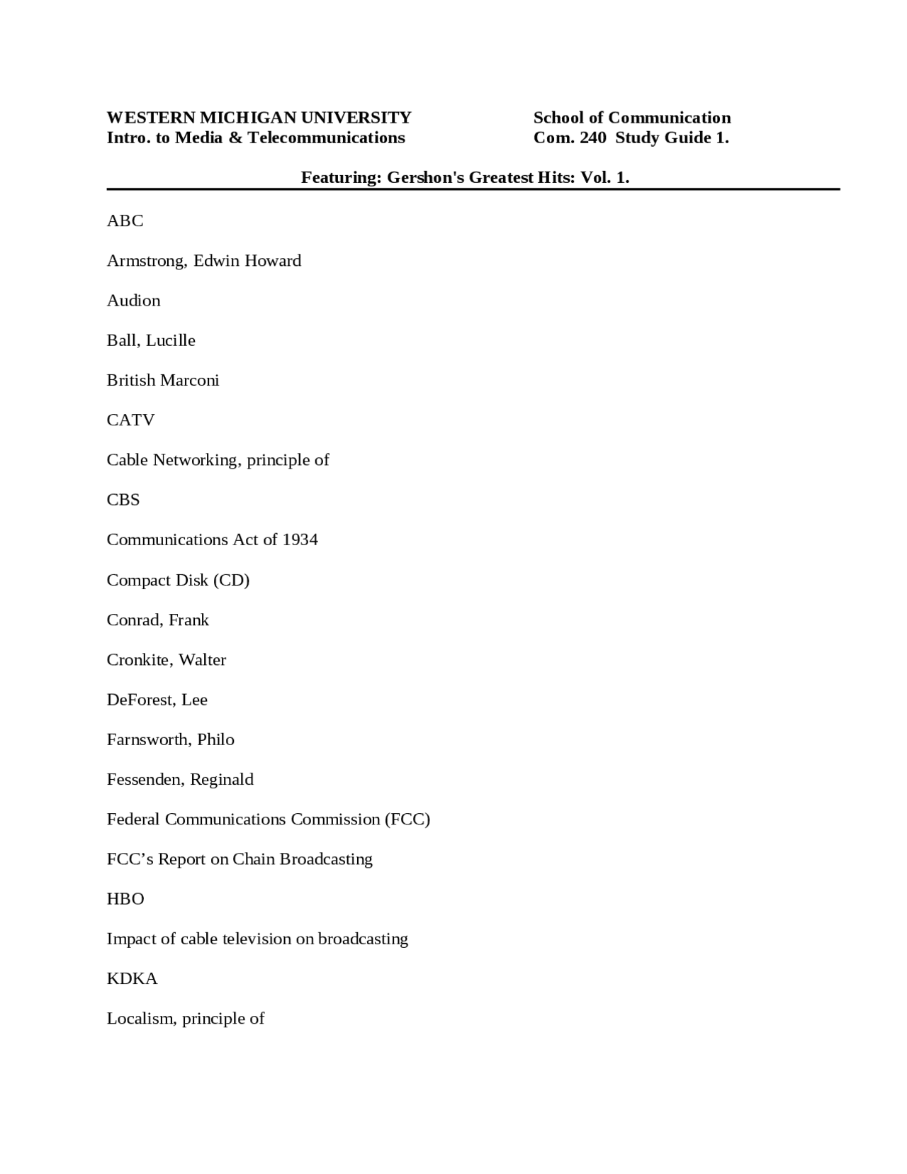 Introduction to Media and Telecommunication - Study Guide 1 | COM 2400 ...