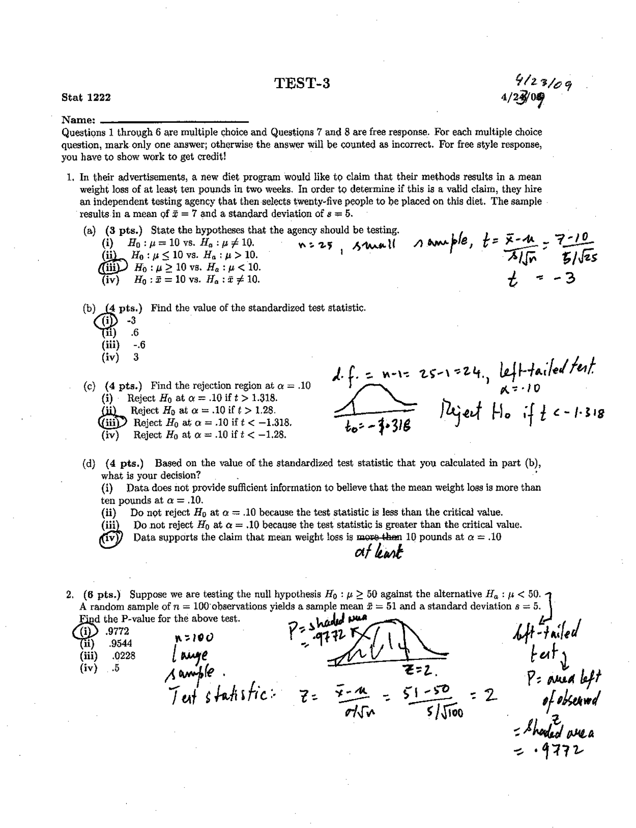 Practice Test 3 on Introduction to Statistics | STAT 1222 - Docsity