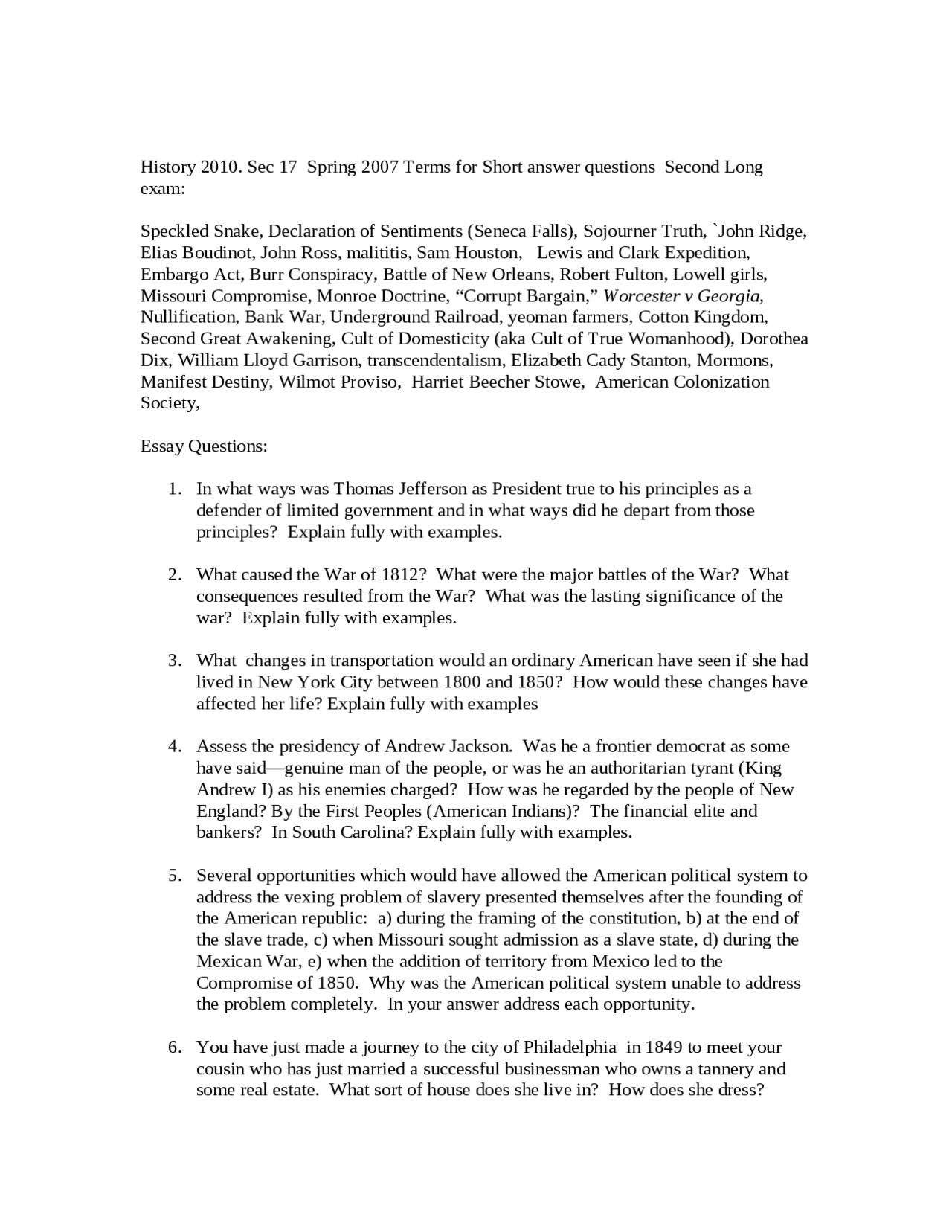 Essay Questions And Terms For Short Answers Us History To 1877 Hist 2010 Docsity