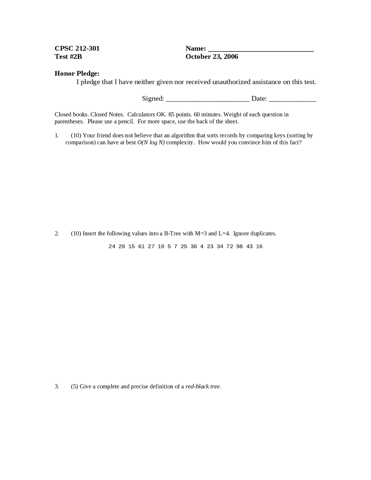 Exam 2B for Algorithm - Data Structure | CP SC 212 - Docsity