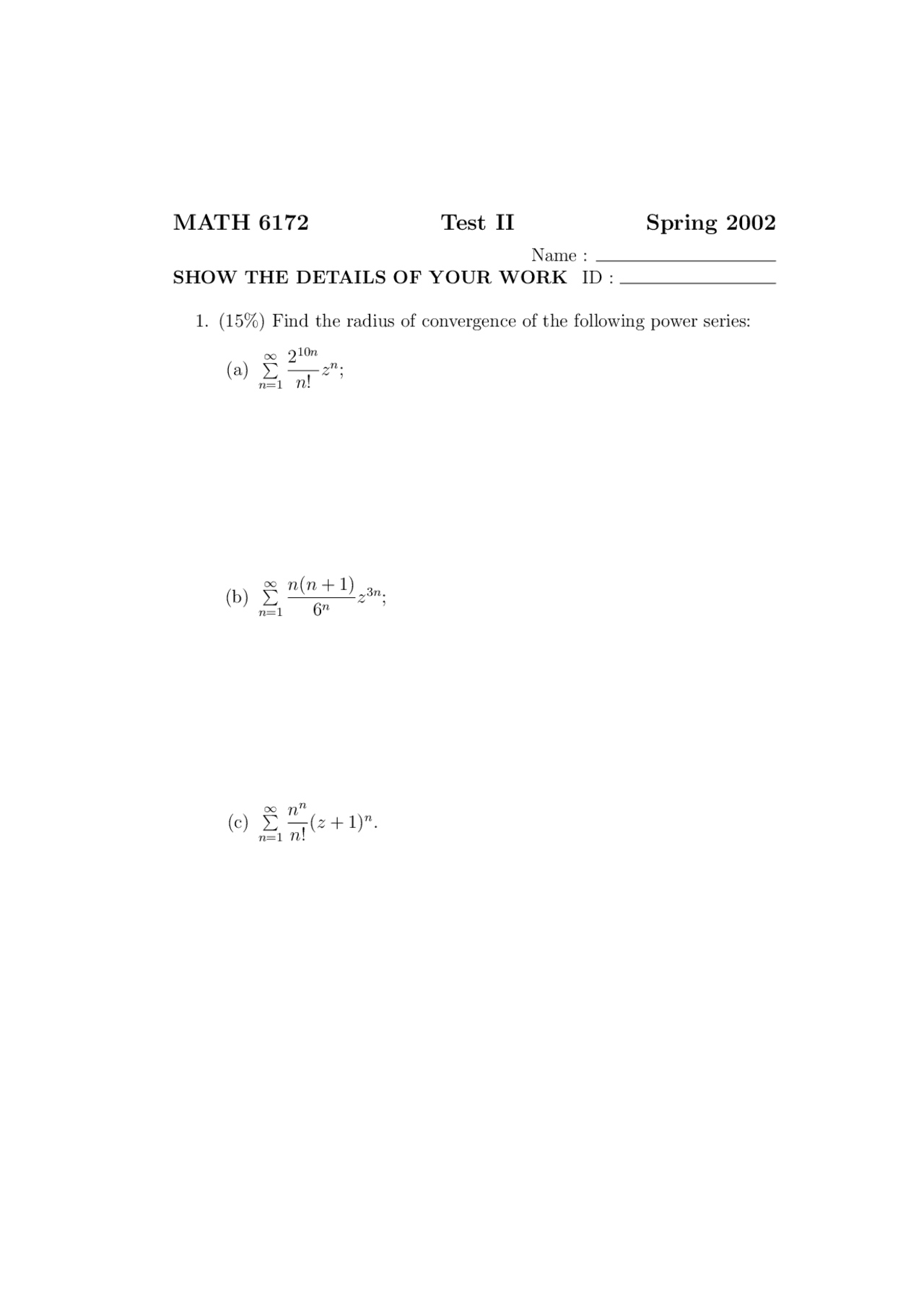 6212 Math Test II Questions for Advanced Applied Mathematics I - Spring 2002 ...