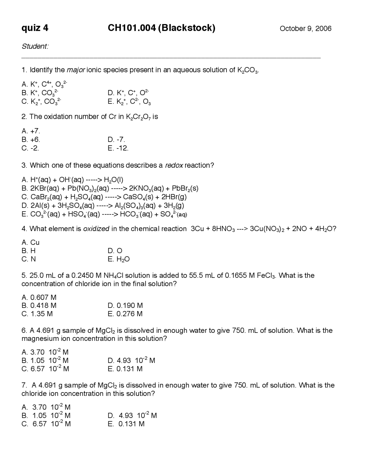 11 Multiple Choice Questions - Quiz 4 | General Chemistry | CH 101 ...