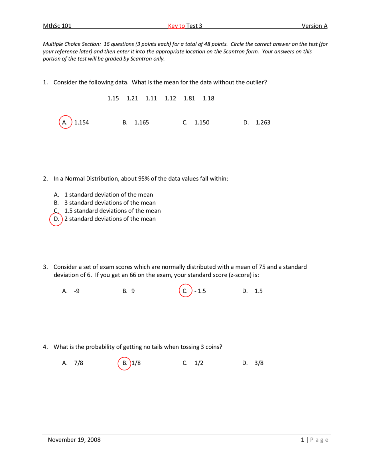 Answer Key to Test 3 - Essential Math | MTHSC 101 - Docsity