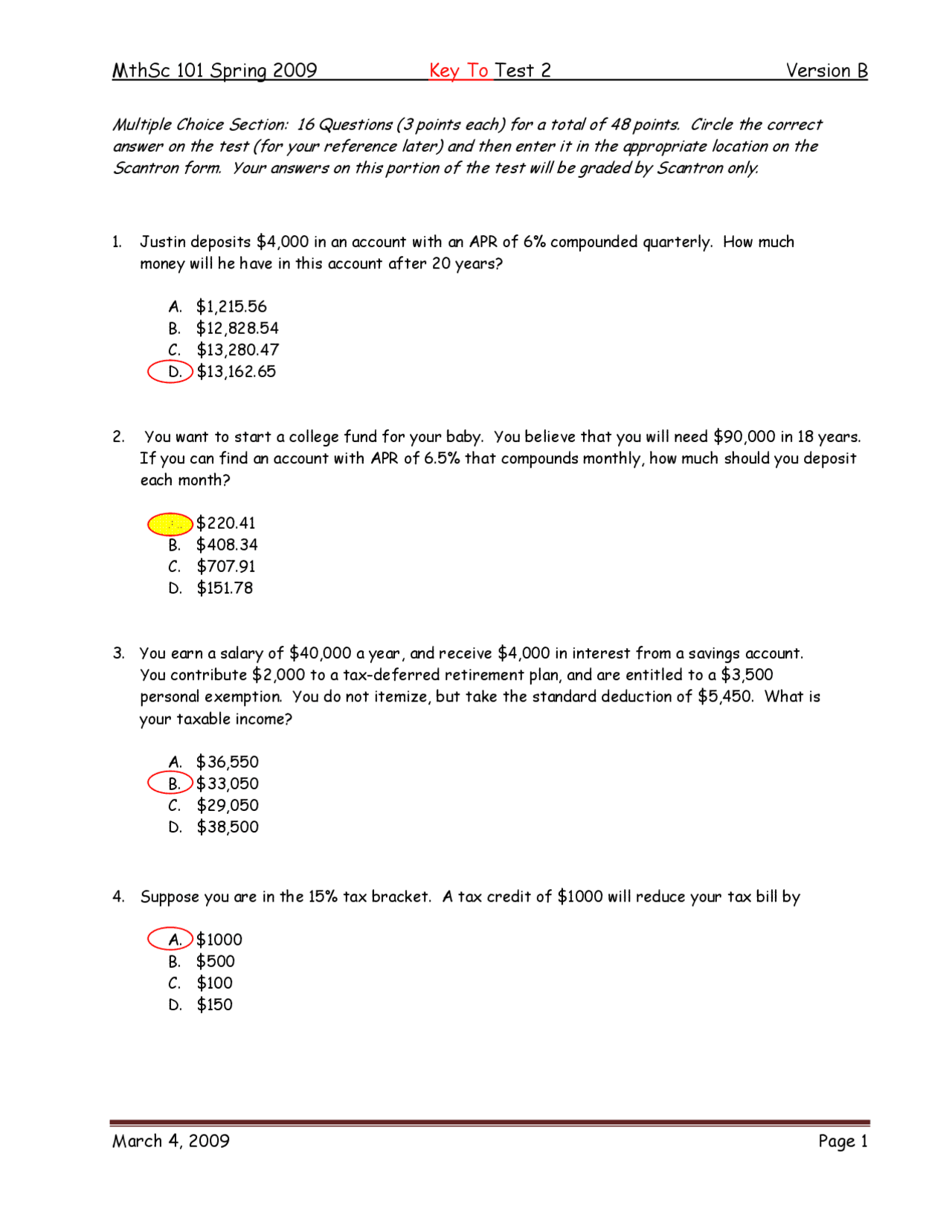Essitenails Math Questions Example Test II with Answers - Essentials Mathematics | MTHSC 101 - Docsity