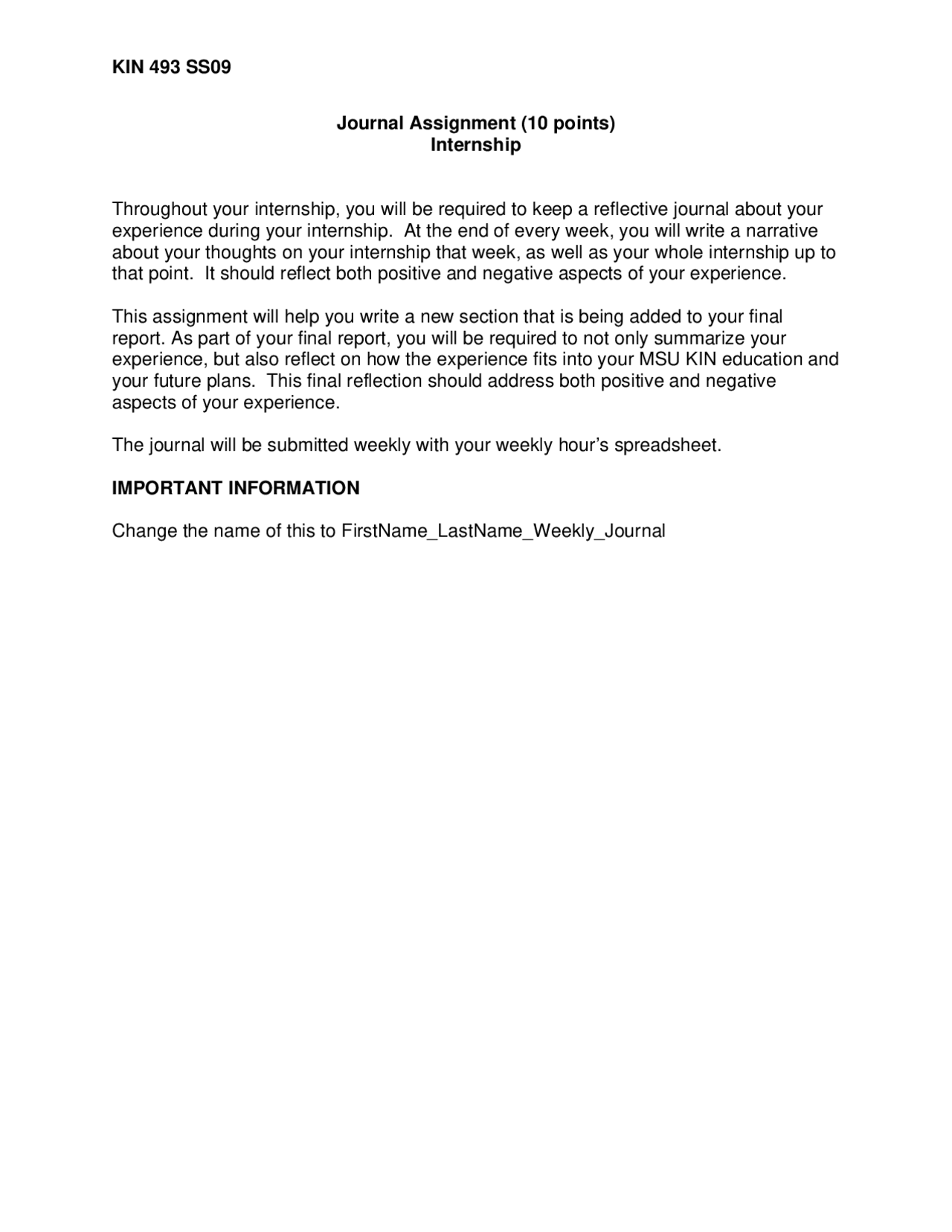 Assignment 10 for Internship: Physiotherapy Based | KIN 493 - Docsity