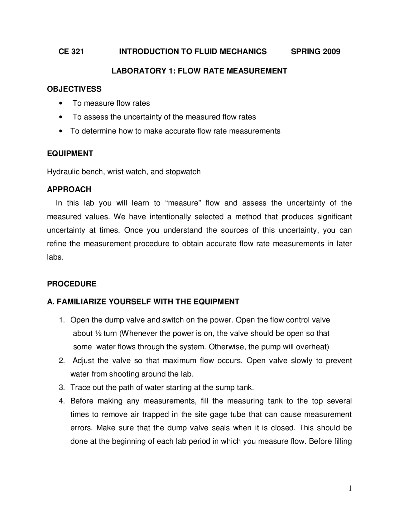 Laboratory 1: Flow Rate Measurement | CE 321 - Docsity