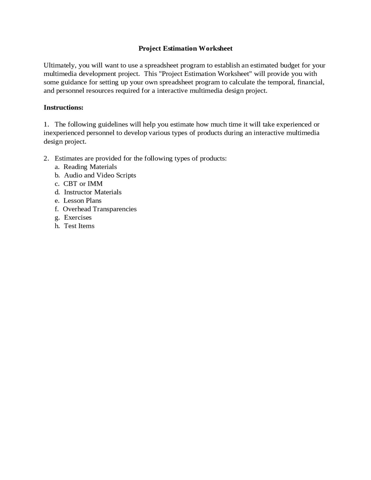 Project Estimation Worksheet - Instrumental Development I | EIST 6140 ...
